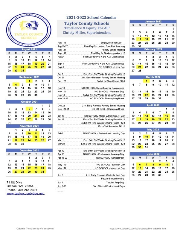 20212022 TCS District Calendar Taylor County Schools