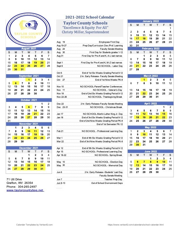 2021 2022 TCS District Calendar Taylor County Schools