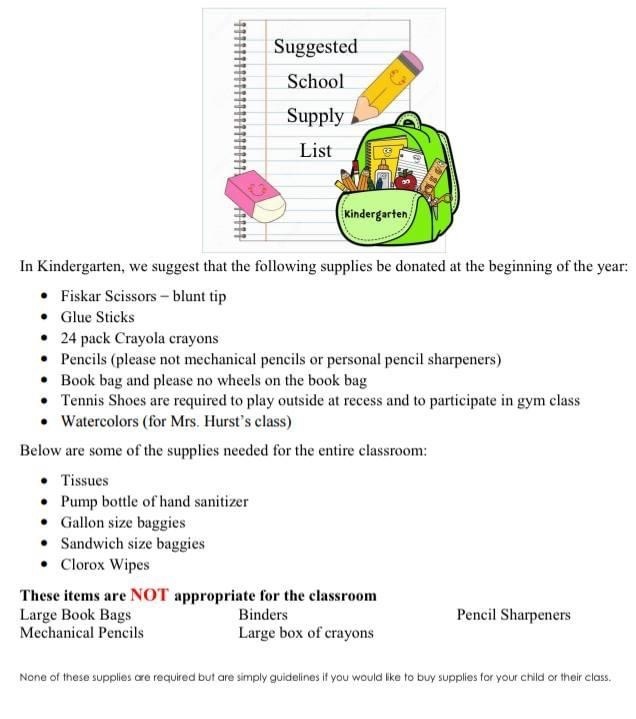 Kindergarten Suggested Supply List