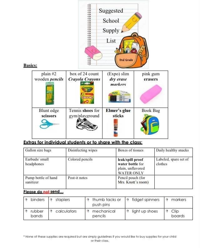 Suggested School Supply List for 2nd grade