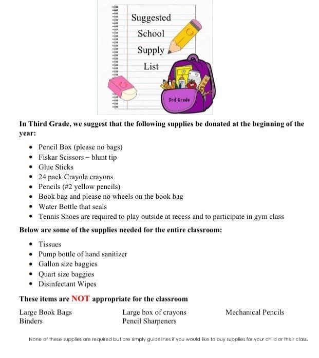 Suggested school supply list for third grade