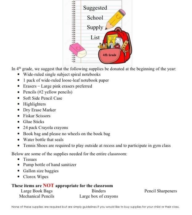 Suggested School Supply List for 4th grade
