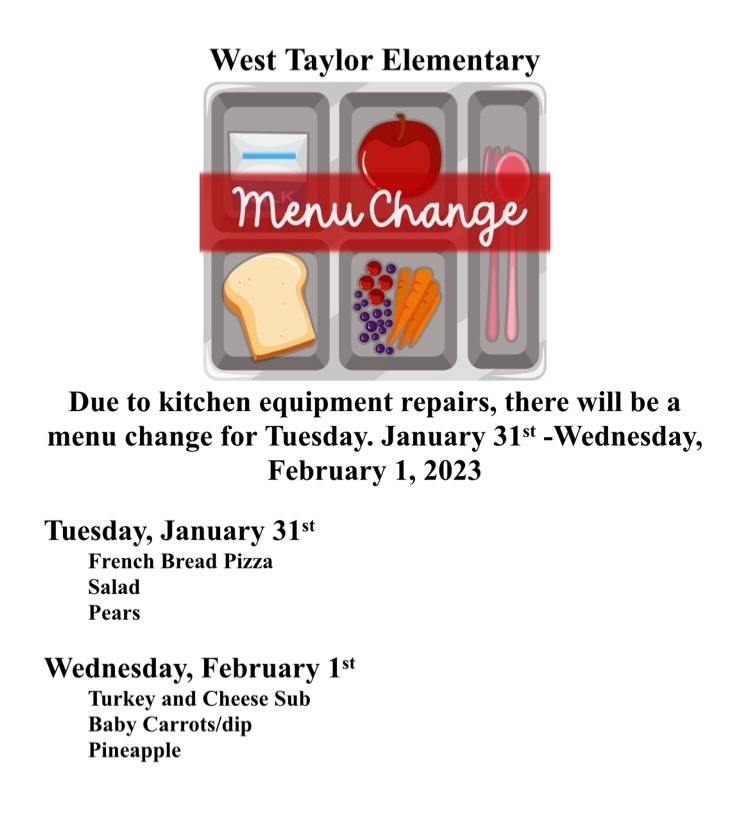 Lunch Menu Change for 1/31/23 and 2/1/23